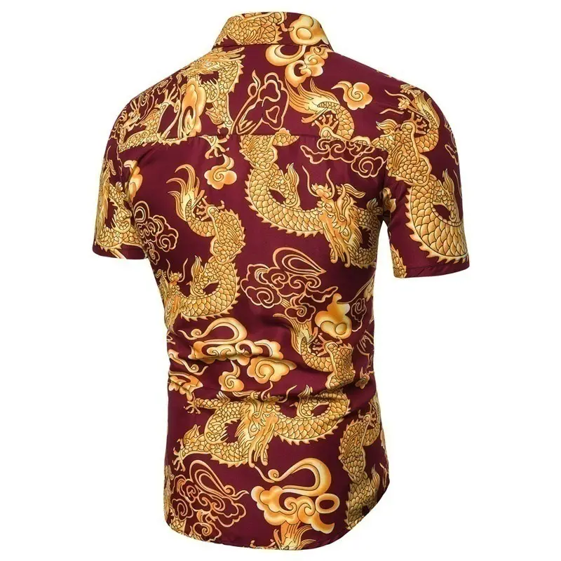 Men's Dragon Print Lapel Shirt Blue Gold Short Sleeve - Image 7