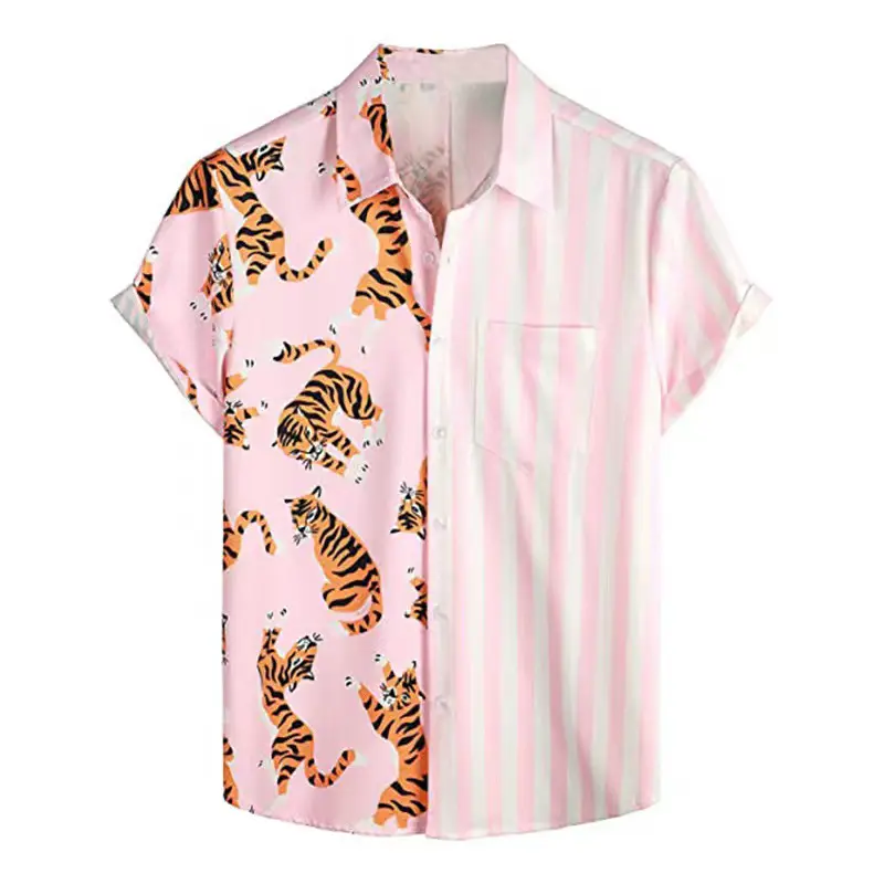 Men's Dragon Print Lapel Shirt Blue Gold Short Sleeve - Image 4