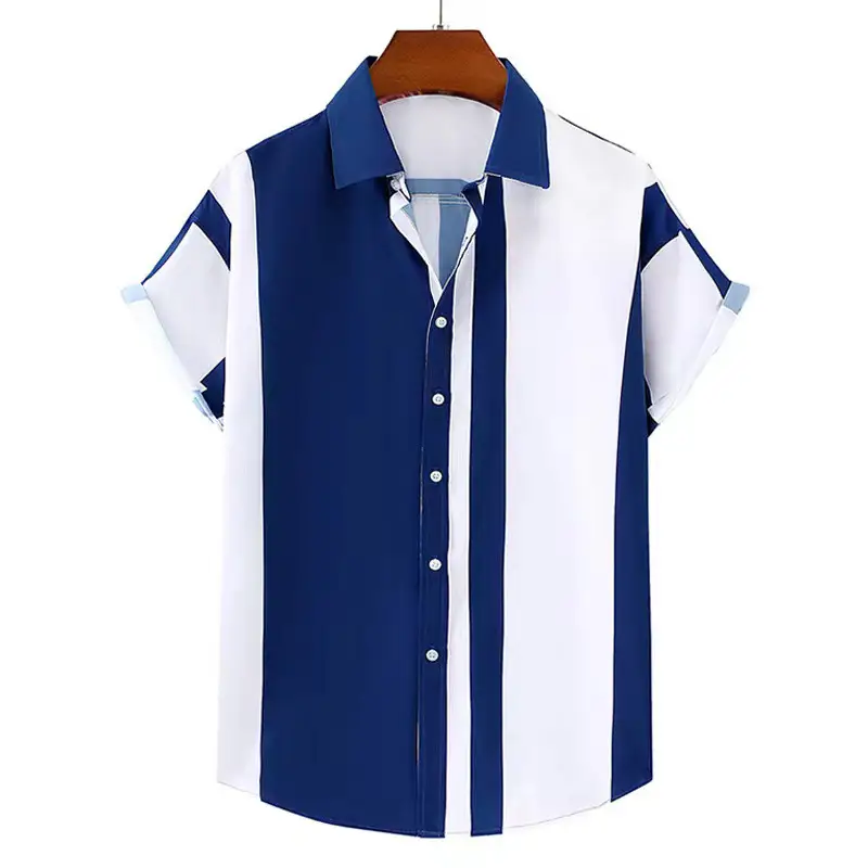 Men's Dragon Print Lapel Shirt Blue Gold Short Sleeve - Image 5