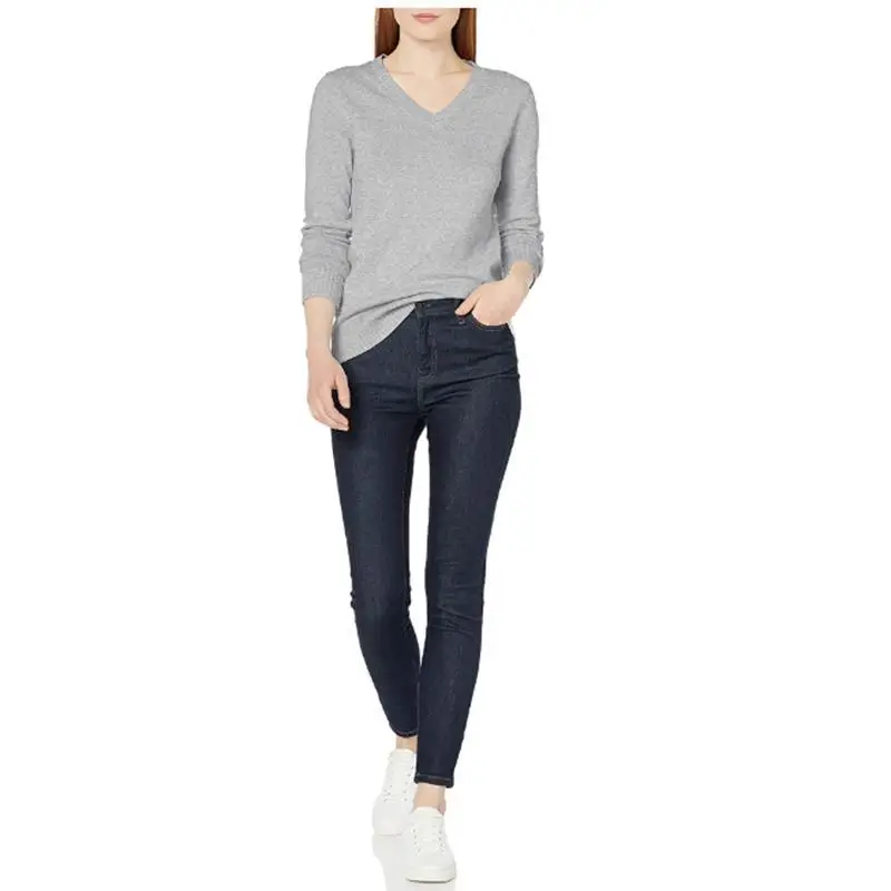 Women V-Neck Pullover Sweater Gray Knit 2025
