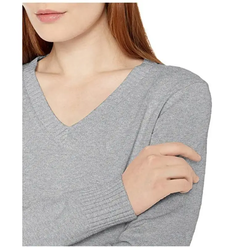 Women V-Neck Pullover Sweater Gray Knit 2025