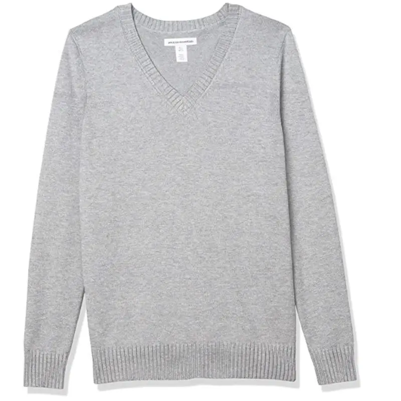 Women V-Neck Pullover Sweater Gray Knit 2025
