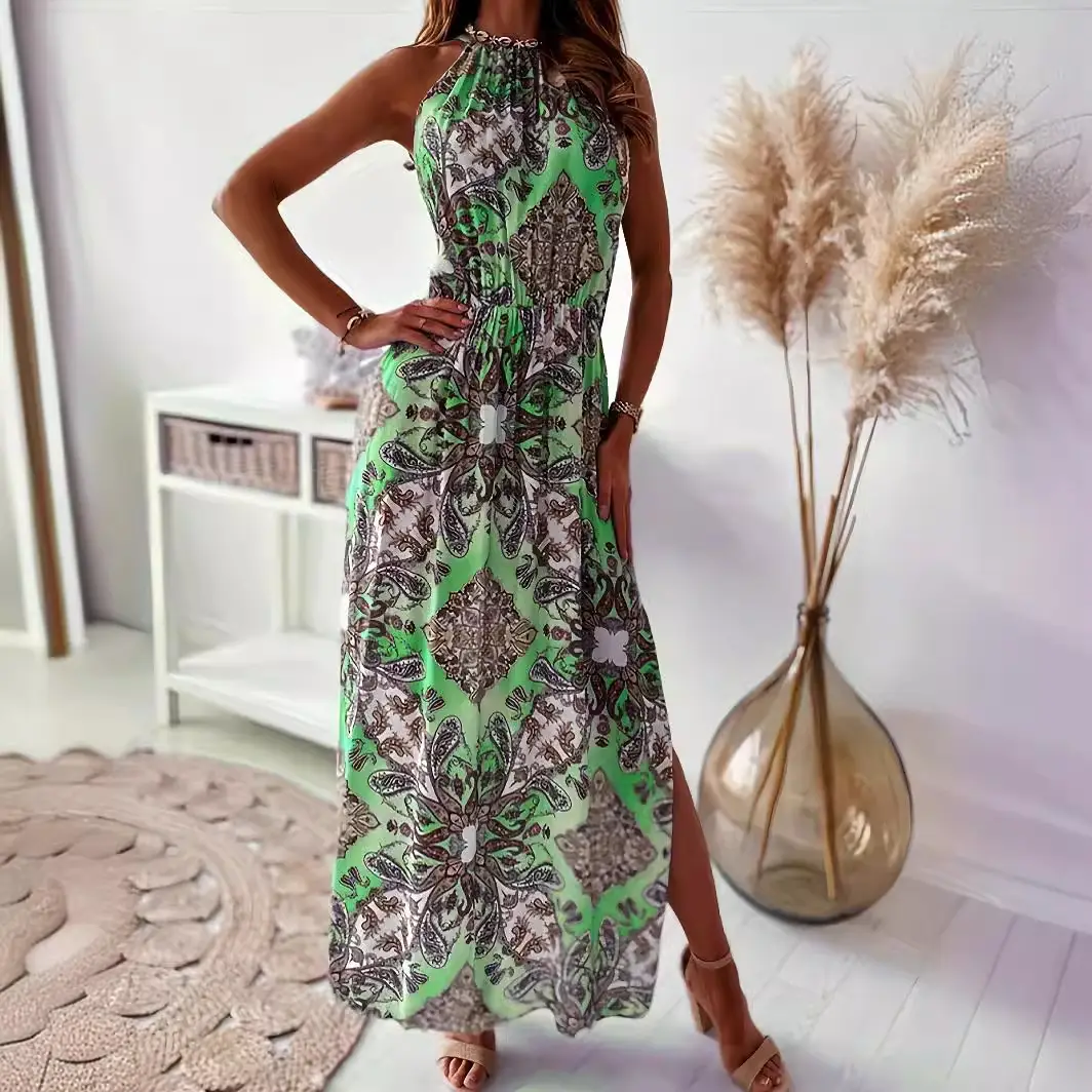 2023 Printed Halter Waist Slit Dress Women - Image 4
