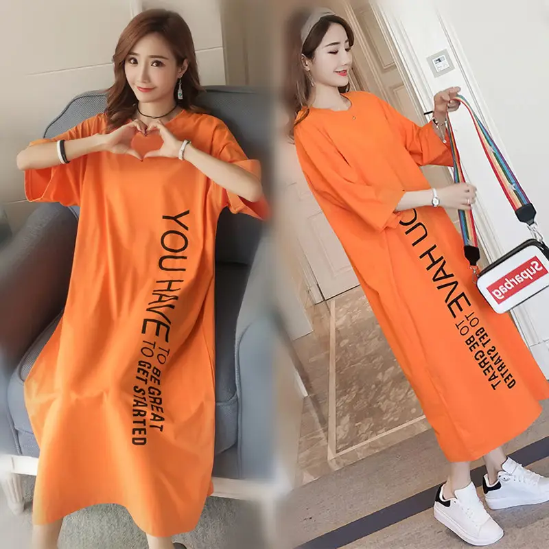 Orange Long Dress Loose Fit Plus Size Casual Maternity Nightgown - Image 11