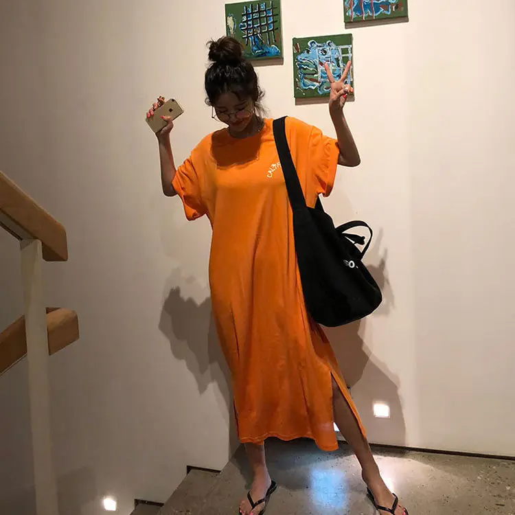 Orange Long Dress Loose Fit Plus Size Casual Maternity Nightgown - Image 4