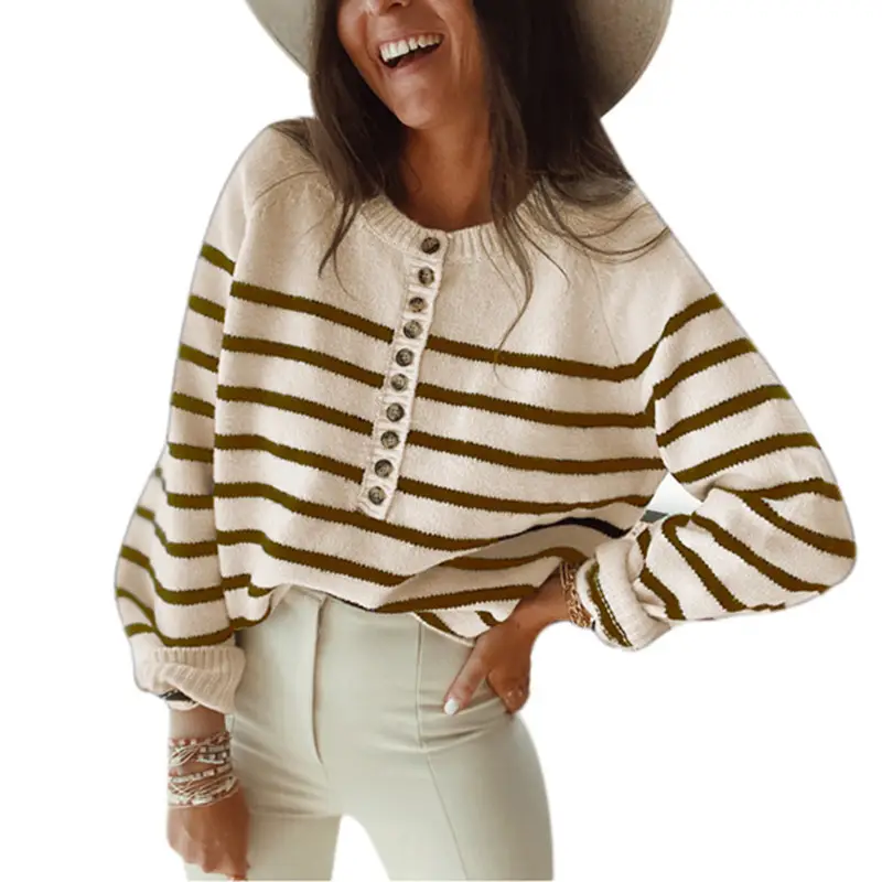 Women's Knitted Striped Pullover Top Brown White Button Front - Image 5