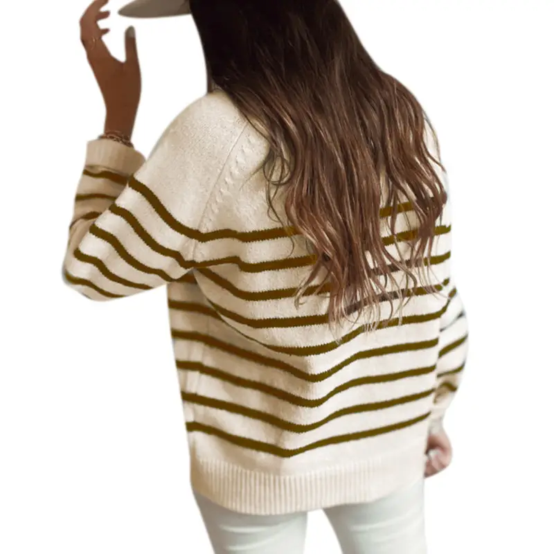 Women's Knitted Striped Pullover Top Brown White Button Front - Image 6