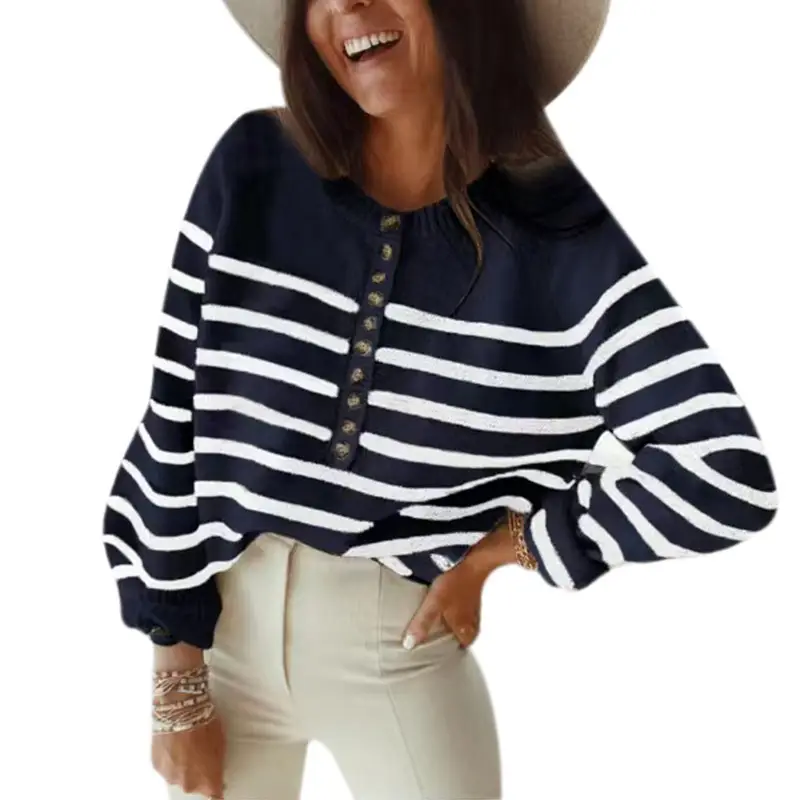 Women's Knitted Striped Pullover Top Brown White Button Front - Image 7