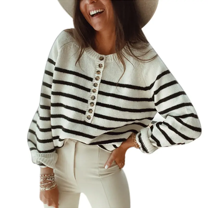 Women's Knitted Striped Pullover Top Brown White Button Front - Image 8