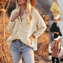 Women's Knitted Striped Pullover Top Brown White Button Front — feature 29