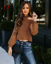 Women's Knitted Striped Pullover Top Brown White Button Front — feature 9