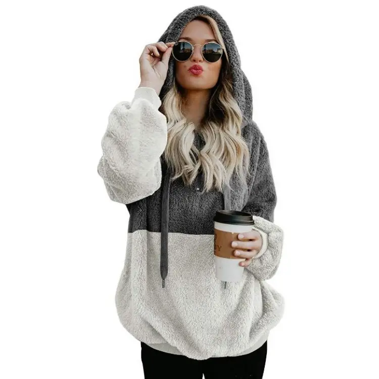 Patchwork Plush Sweatshirt Green White Hooded - Image 6
