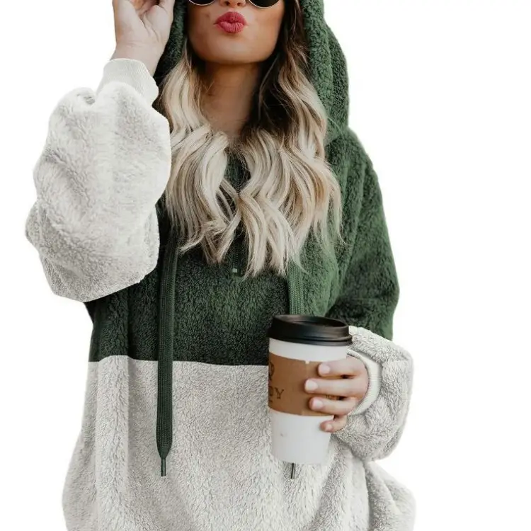 Patchwork Plush Sweatshirt Green White Hooded - Image 9