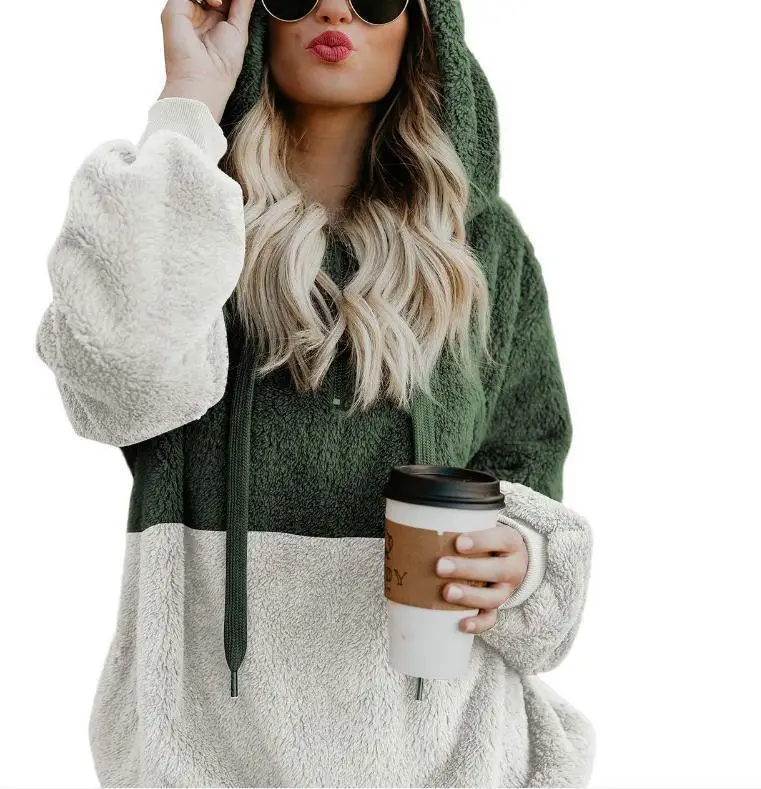 Patchwork Plush Sweatshirt Green White Hooded — feature 7