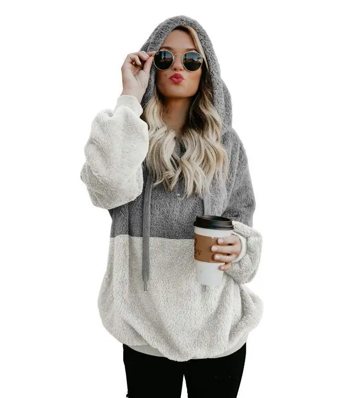 Patchwork Plush Sweatshirt Green White Hooded - Image 3