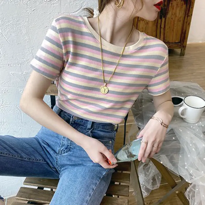 Women Striped Short Sleeve T-Shirt 2021 Summer - Image 5