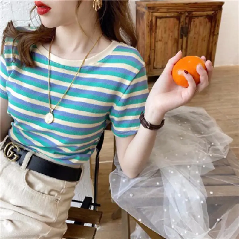 Women Striped Short Sleeve T-Shirt 2021 Summer - Image 6