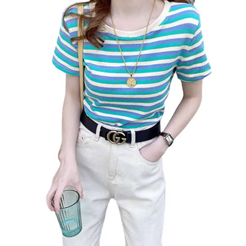 Women Striped Short Sleeve T-Shirt 2021 Summer - Image 8