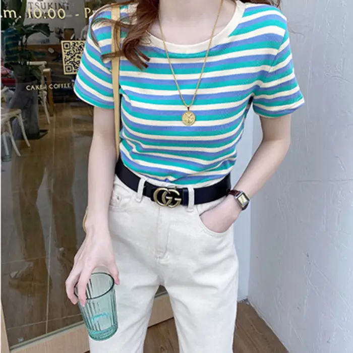 Women Striped Short Sleeve T-Shirt 2021 Summer - Image 2