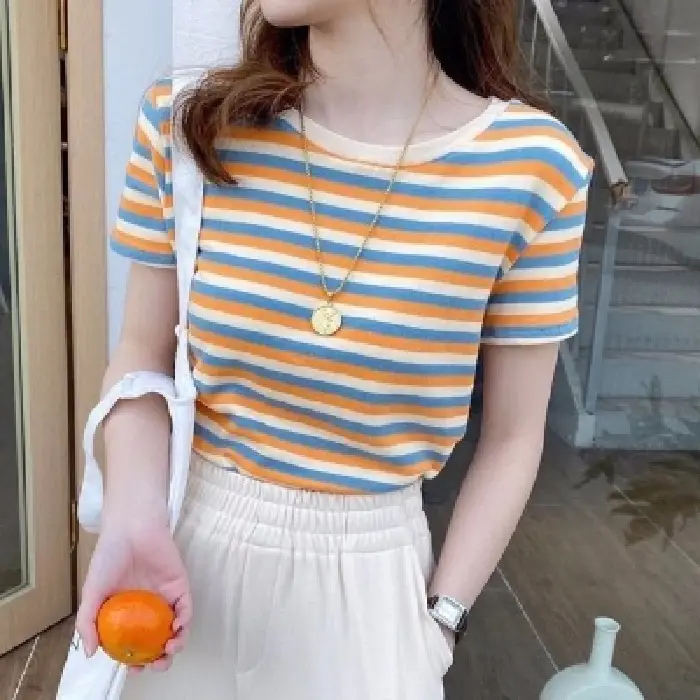 Women Striped Short Sleeve T-Shirt 2021 Summer - Image 3