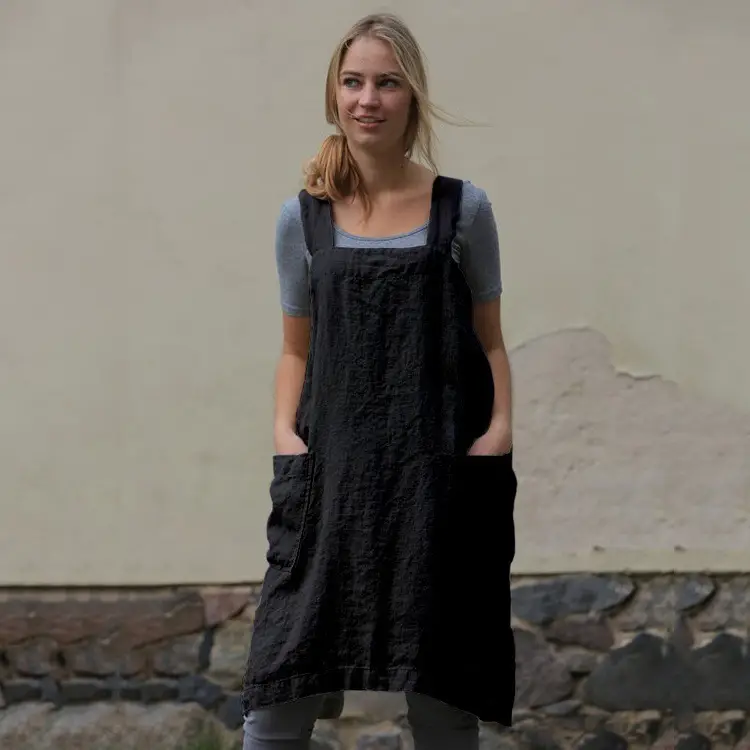 Women Cotton Linen Apron Long Dress Olive Green - Image 8