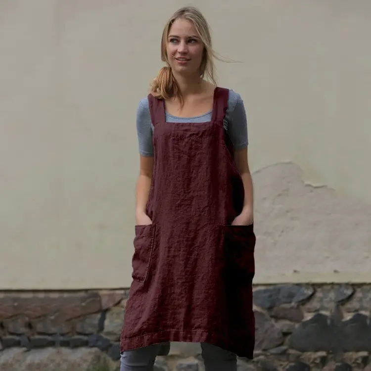 Women Cotton Linen Apron Long Dress Olive Green - Image 10
