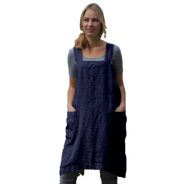 Women Cotton Linen Apron Long Dress Olive Green - Image 11