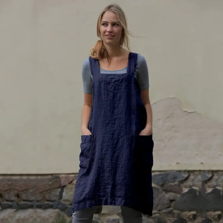 Women Cotton Linen Apron Long Dress Olive Green - Image 4