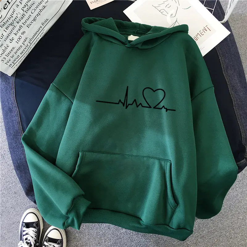 Women's Blue Velvet Hooded Sweatshirt with Heart Print - Image 10