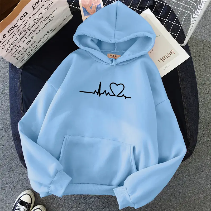 Women's Blue Velvet Hooded Sweatshirt with Heart Print - Image 13