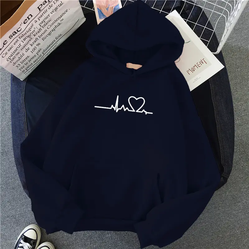 Women's Blue Velvet Hooded Sweatshirt with Heart Print - Image 14