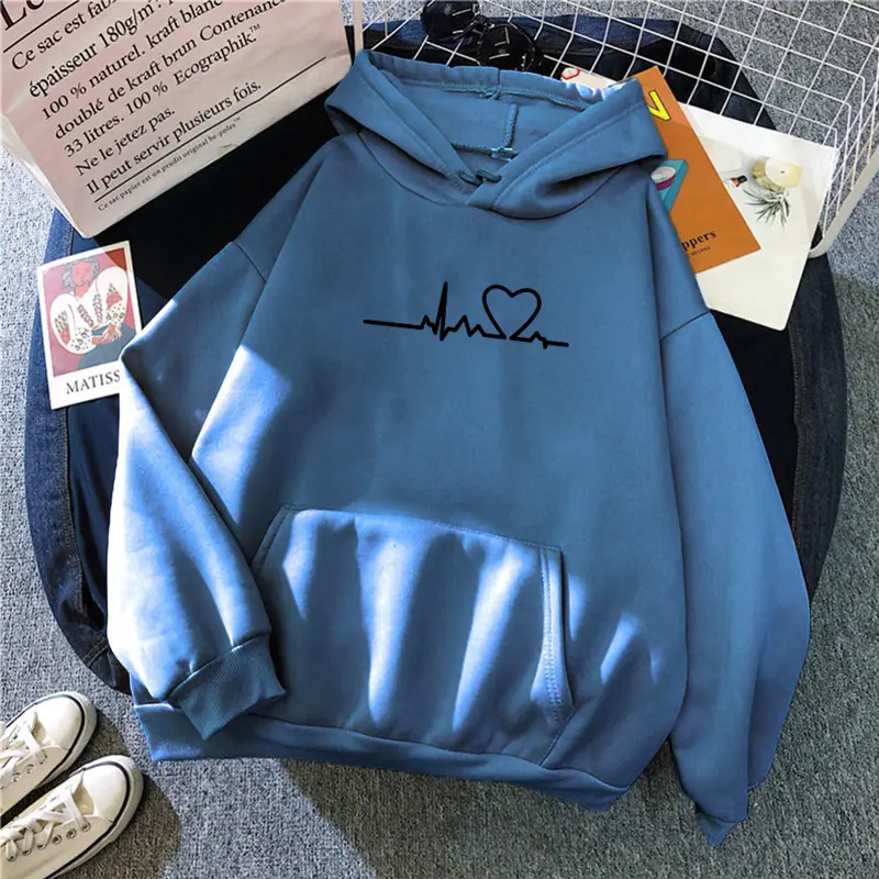 Women's Blue Velvet Hooded Sweatshirt with Heart Print - Image 15