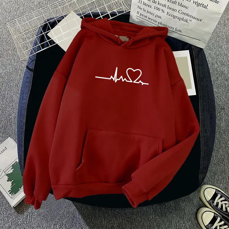 Women's Blue Velvet Hooded Sweatshirt with Heart Print - Image 16