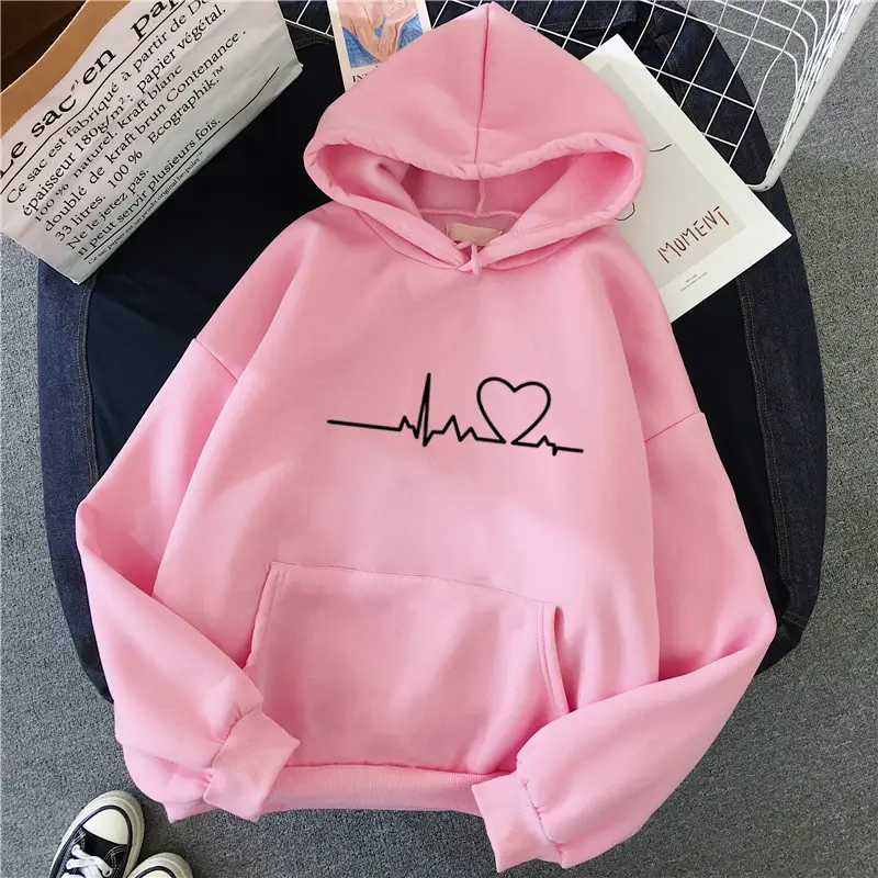 Women's Blue Velvet Hooded Sweatshirt with Heart Print - Image 2
