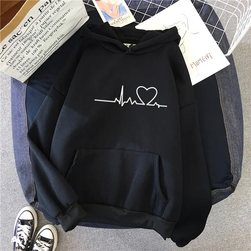 Women's Blue Velvet Hooded Sweatshirt with Heart Print - Image 7