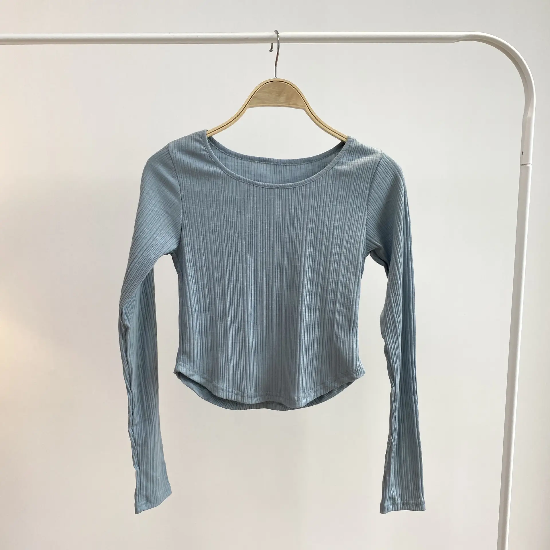 Light Blue Ribbed Long Sleeve Top with Tie Front - Image 2