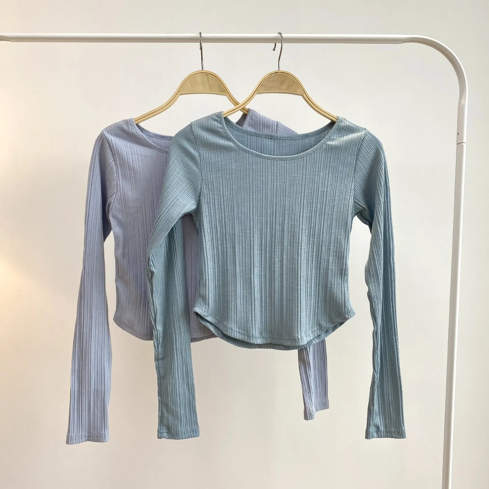 Light Blue Ribbed Long Sleeve Top with Tie Front - Image 5