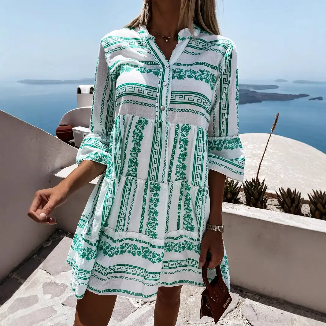2024 Printed V Neck Loose Waist Pullover Dress - Image 5