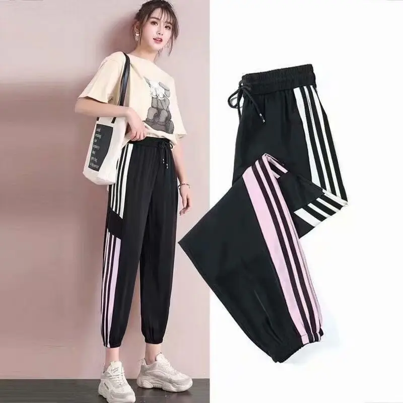 Women's Pink Striped Summer Sports Pants Large - Image 8