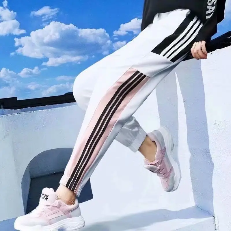Women's Pink Striped Summer Sports Pants Large - Image 9