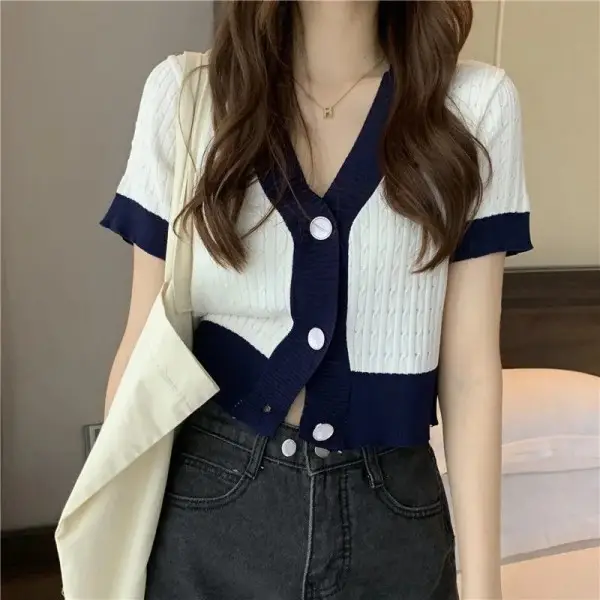 Women V-Neck Knitted Cardigan Black Beige Short Sleeve - Image 7