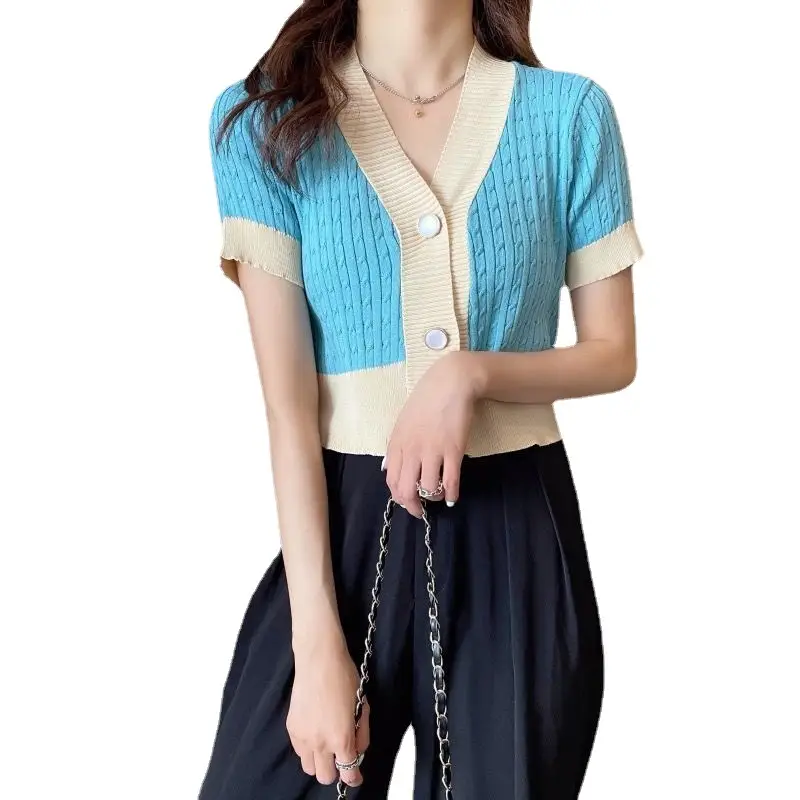 Women V-Neck Knitted Cardigan Black Beige Short Sleeve - Image 9