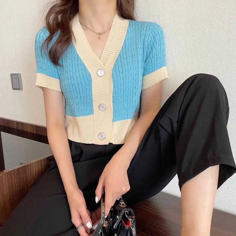 Women V-Neck Knitted Cardigan Black Beige Short Sleeve — feature 11