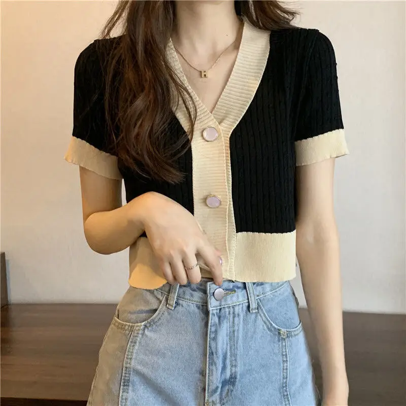 Women V-Neck Knitted Cardigan Black Beige Short Sleeve — feature 3