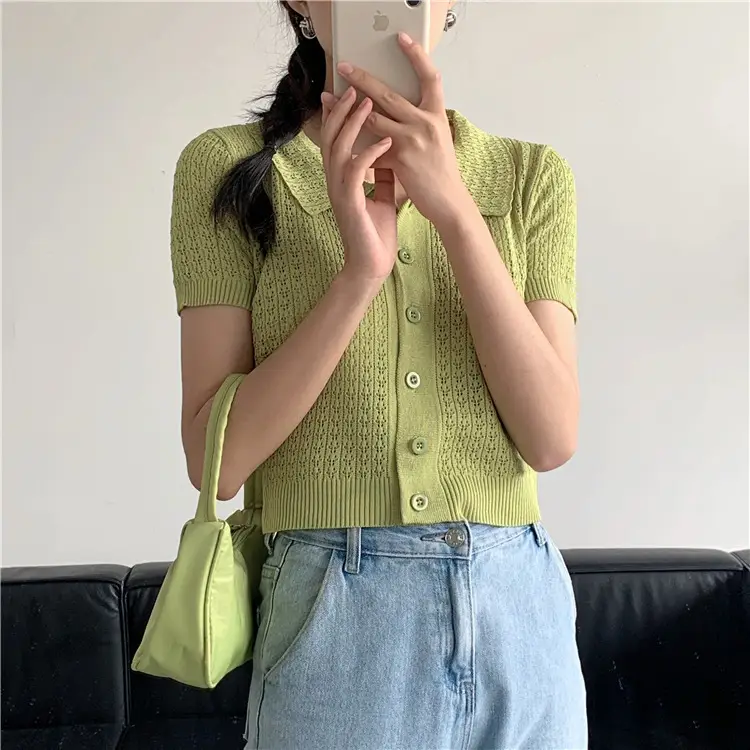 Women's Black Knitted Polo Collar Short Sleeve Cardigan - Image 2