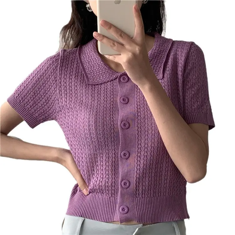 Women's Black Knitted Polo Collar Short Sleeve Cardigan - Image 5