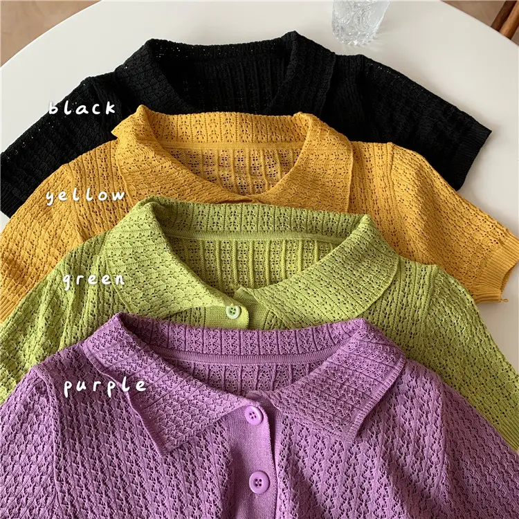 Women's Black Knitted Polo Collar Short Sleeve Cardigan — feature 1