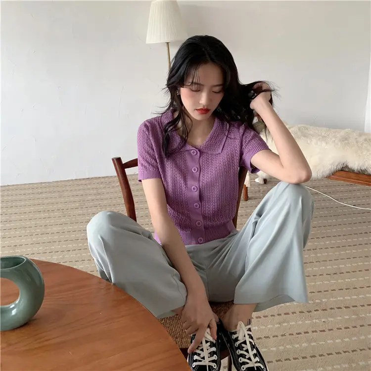 Women's Black Knitted Polo Collar Short Sleeve Cardigan — feature 10