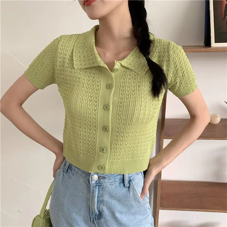 Women's Black Knitted Polo Collar Short Sleeve Cardigan — feature 12