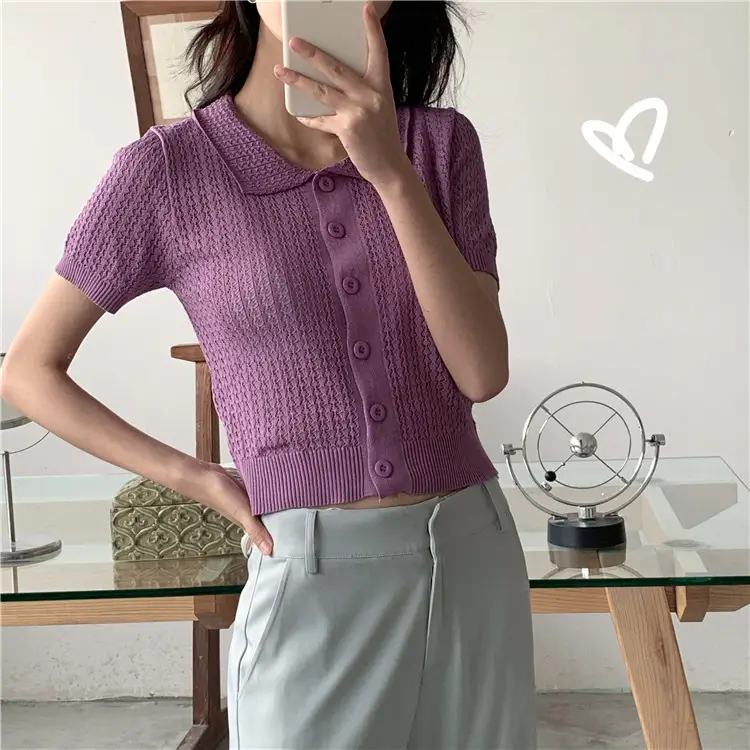Women's Black Knitted Polo Collar Short Sleeve Cardigan — feature 13